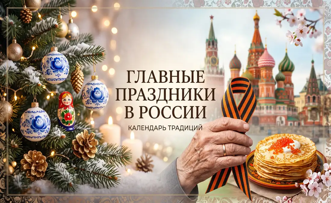 Художественный коллаж «Главные праздники в России»: новогодняя ёлка, георгиевская лента и блины на фоне Покровского собора