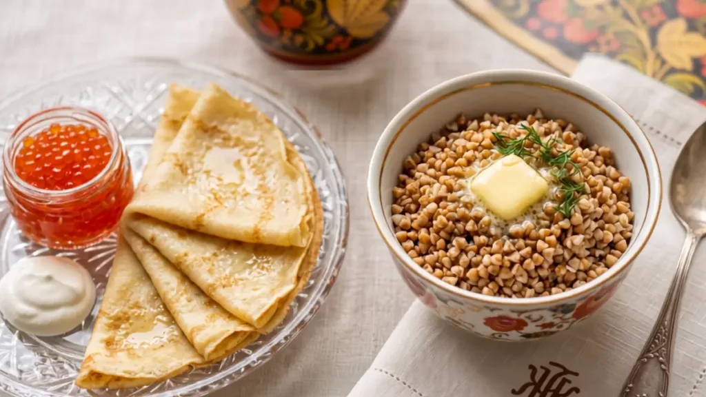 Традиционная русская еда: вкусная гречневая каша и блины с красной икрой.
