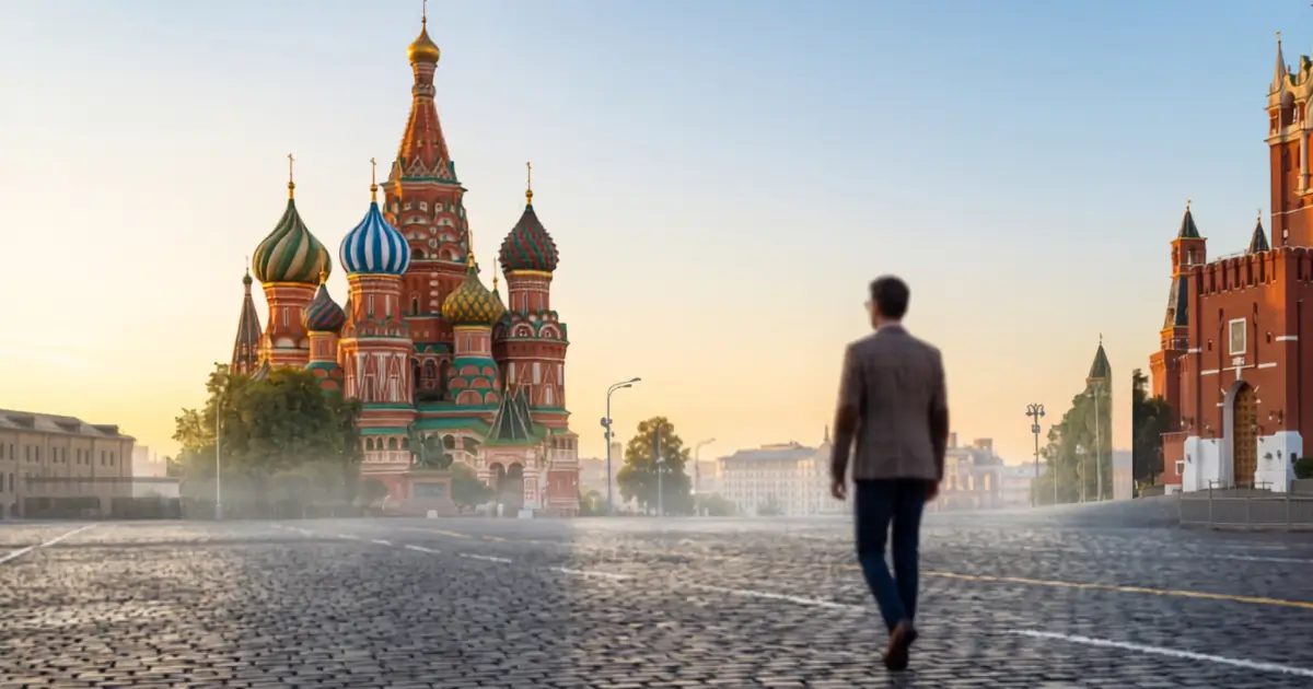 Опыт жизни в России: красивый вид на собор Василия Блаженного и Красную площадь в Москве на закате.
