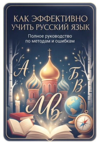 Изображение декоративной обложки книги с заголовком: 'Как эффективно учить русский язык: полное руководство по методам и ошибкам'. На обложке светящиеся иллюстрации куполов русской церкви, берез, глобуса, компаса, стопки книг и подсвечника, а также декоративные буквы кириллицы 'А', 'Б', 'В' на размытом фоне библиотеки. Текст: 'Наведите, чтобы открыть'.