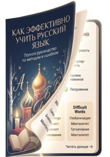 Художественное изображение открытой книги. На левой стороне – обложка с заголовком: "КАК ЭФФЕКТИВНО УЧИТЬ РУССКИЙ ЯЗЫК. Полное руководство по методам и ошибкам". Изображены золотые купола церкви, березы и декоративные буквы. На правой стороне – открытые страницы с заголовком "Difficult Words" (Сложные слова) на английском и списком терминов, таких как "Глобализация" и "Менталитет". Внизу кнопка-ссылка "Читать дальше".